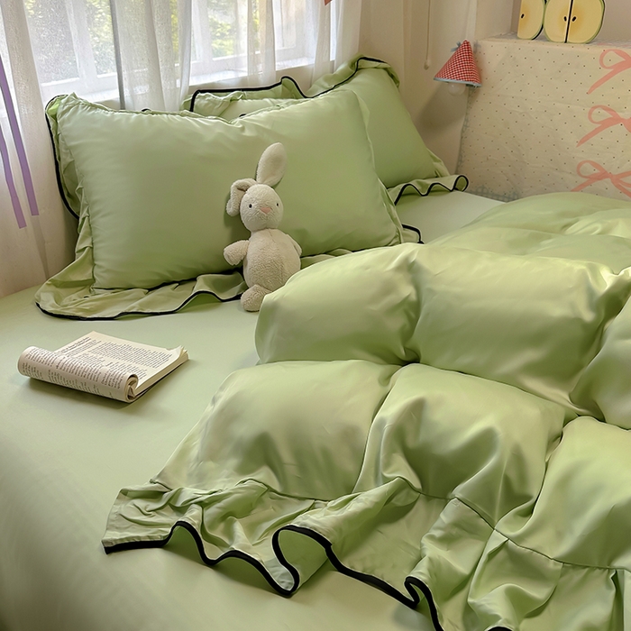 91家纺网 家纺一手货源 找家纺 爱彼家纺 2025春夏新款夏季凉感冰丝花边四件套 冰丝花边款-清新绿