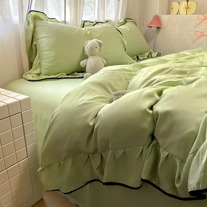 91家纺网 家纺一手货源 找家纺 爱彼家纺 2025春夏新款夏季凉感冰丝花边四件套 冰丝花边款-清新绿