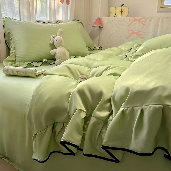 91家纺网 家纺一手货源 找家纺 爱彼家纺 2025春夏新款夏季凉感冰丝花边四件套 冰丝花边款-清新绿