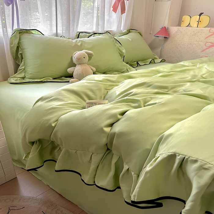 91家纺网 家纺一手货源 找家纺 爱彼家纺 2025春夏新款夏季凉感冰丝花边四件套 冰丝花边款-清新绿