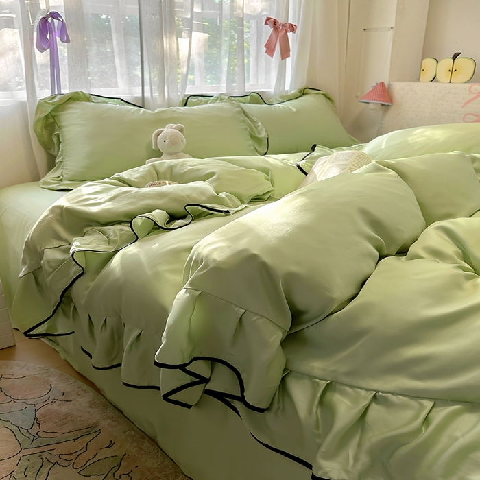 91家纺网 家纺一手货源 找家纺 爱彼家纺 2025春夏新款夏季凉感冰丝花边四件套 冰丝花边款-清新绿