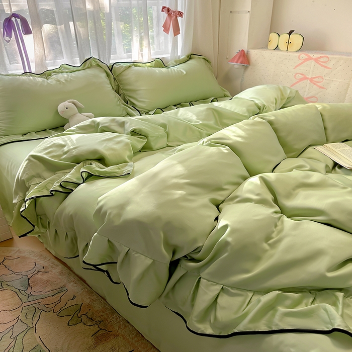 91家纺网 家纺一手货源 找家纺 爱彼家纺 2025春夏新款夏季凉感冰丝花边四件套 冰丝花边款-清新绿