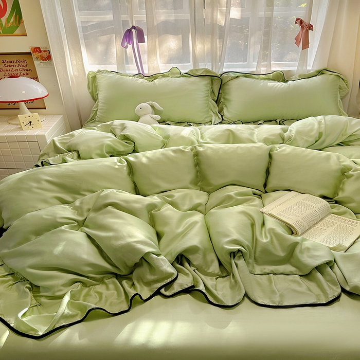 91家纺网 家纺一手货源 找家纺 爱彼家纺 2025春夏新款夏季凉感冰丝花边四件套 冰丝花边款-清新绿