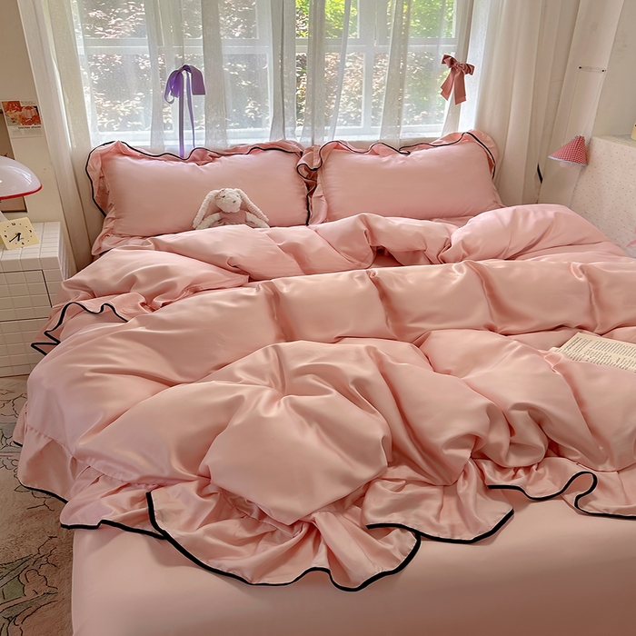 爱彼家纺 2025春夏新款夏季凉感冰丝花边四件套 冰丝花边款-樱桃粉