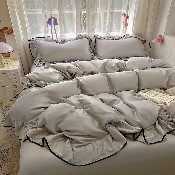 爱彼家纺 2025春夏新款夏季凉感冰丝花边四件套 冰丝花边款-月影灰