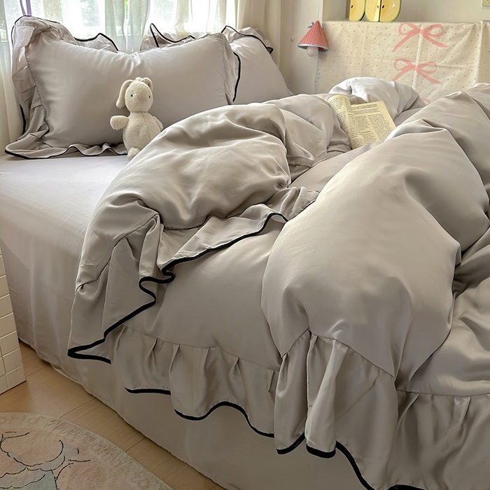 91家纺网 家纺一手货源 找家纺 爱彼家纺 2025春夏新款夏季凉感冰丝花边四件套 冰丝花边款-月影灰