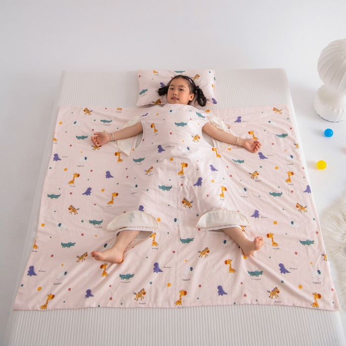 91家纺网 家纺一手货源 找家纺 嗨皮宝贝 2025新款A类全棉纱布睡袋婴儿薄款夏季宝宝儿童春秋防踢被神器四季通用护肚 动物园-粉