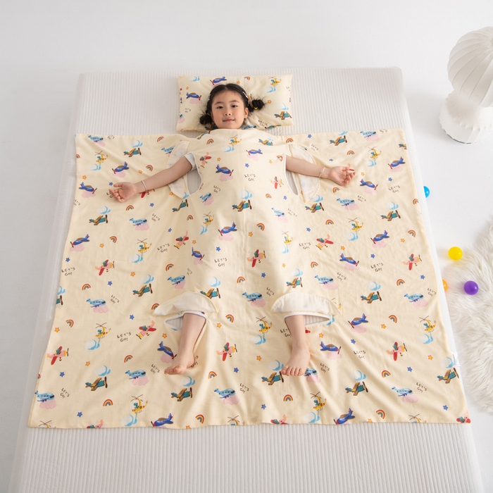 91家纺网 家纺一手货源 找家纺 嗨皮宝贝 2025新款A类全棉纱布睡袋婴儿薄款夏季宝宝儿童春秋防踢被神器四季通用护肚 飞行派对-黄