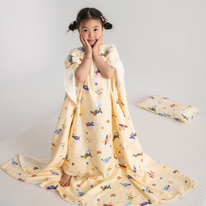 91家纺网 家纺一手货源 找家纺 嗨皮宝贝 2025新款A类全棉纱布睡袋婴儿薄款夏季宝宝儿童春秋防踢被神器四季通用护肚 飞行派对-黄