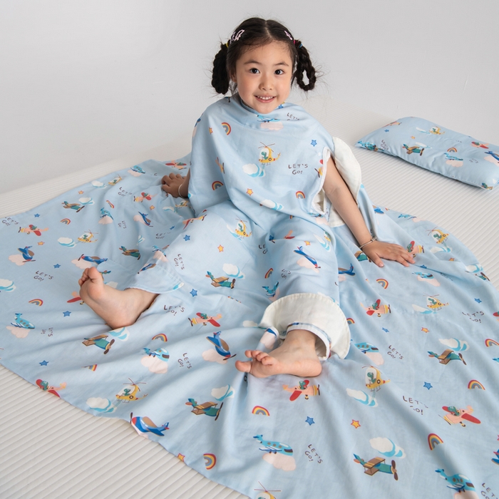 91家纺网 家纺一手货源 找家纺 嗨皮宝贝 2025新款A类全棉纱布睡袋婴儿薄款夏季宝宝儿童春秋防踢被神器四季通用护肚 飞行派对-蓝