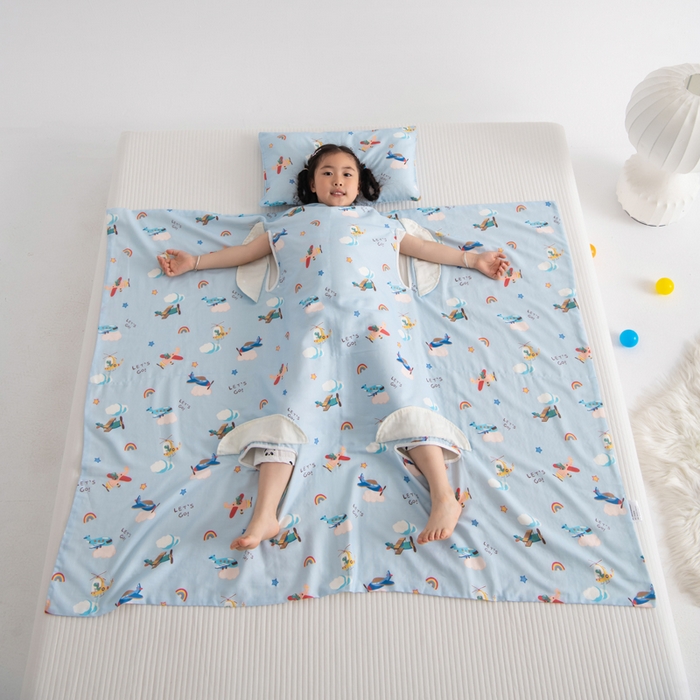 91家纺网 家纺一手货源 找家纺 嗨皮宝贝 2025新款A类全棉纱布睡袋婴儿薄款夏季宝宝儿童春秋防踢被神器四季通用护肚 飞行派对-蓝