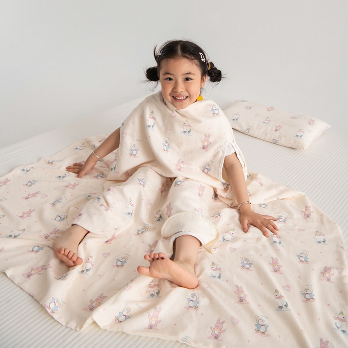 91家纺网 家纺一手货源 找家纺 嗨皮宝贝 2025新款A类全棉纱布睡袋婴儿薄款夏季宝宝儿童春秋防踢被神器四季通用护肚 快乐公仔-黄