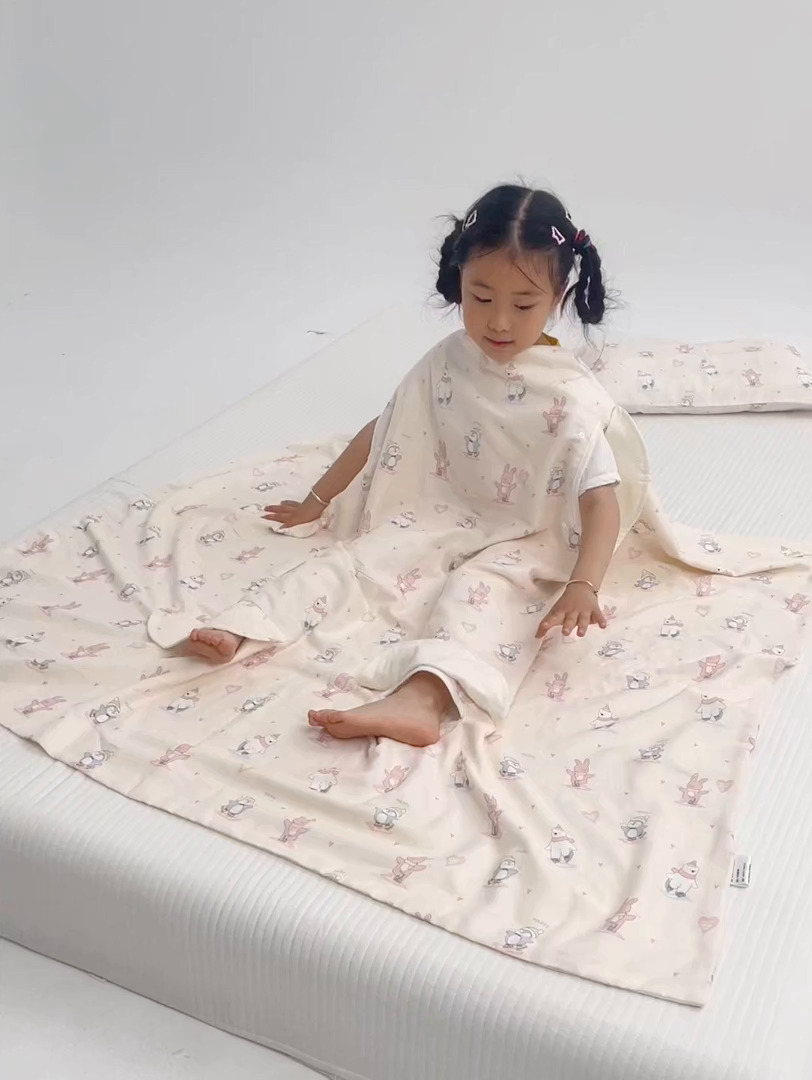 91家纺网 家纺一手货源 找家纺 嗨皮宝贝 2025新款A类全棉纱布睡袋婴儿薄款夏季宝宝儿童春秋防踢被神器四季通用护肚 快乐公仔-黄
