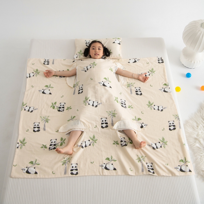 91家纺网 家纺一手货源 找家纺 嗨皮宝贝 2025新款A类全棉纱布睡袋婴儿薄款夏季宝宝儿童春秋防踢被神器四季通用护肚 盼盼-米