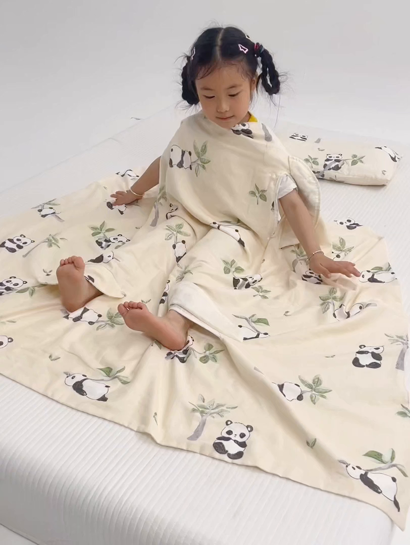 91家纺网 家纺一手货源 找家纺 嗨皮宝贝 2025新款A类全棉纱布睡袋婴儿薄款夏季宝宝儿童春秋防踢被神器四季通用护肚 盼盼-米