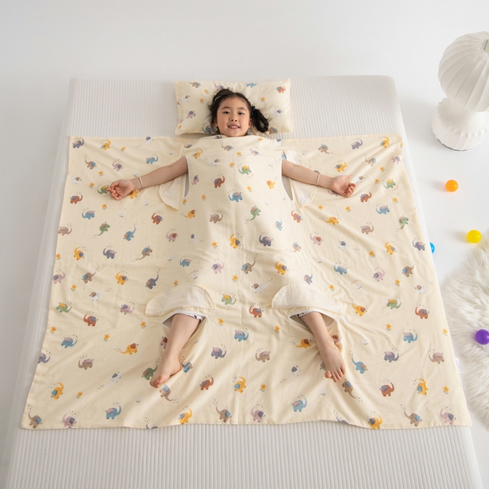 91家纺网 家纺一手货源 找家纺 嗨皮宝贝 2025新款A类全棉纱布睡袋婴儿薄款夏季宝宝儿童春秋防踢被神器四季通用护肚 五彩象-米黄