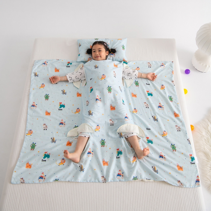 91家纺网 家纺一手货源 找家纺 嗨皮宝贝 2025新款A类全棉纱布睡袋婴儿薄款夏季宝宝儿童春秋防踢被神器四季通用护肚 HAPPY王国-蓝