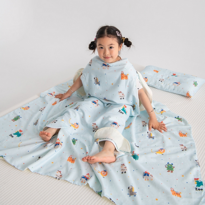 91家纺网 家纺一手货源 找家纺 嗨皮宝贝 2025新款A类全棉纱布睡袋婴儿薄款夏季宝宝儿童春秋防踢被神器四季通用护肚 HAPPY王国-蓝