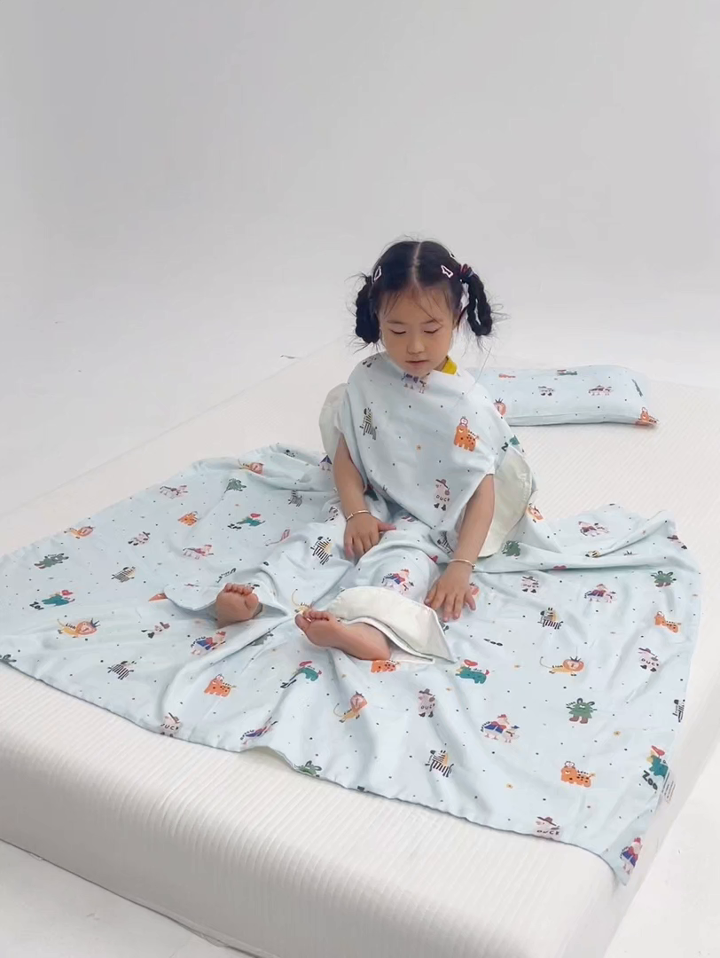 91家纺网 家纺一手货源 找家纺 嗨皮宝贝 2025新款A类全棉纱布睡袋婴儿薄款夏季宝宝儿童春秋防踢被神器四季通用护肚 HAPPY王国-蓝