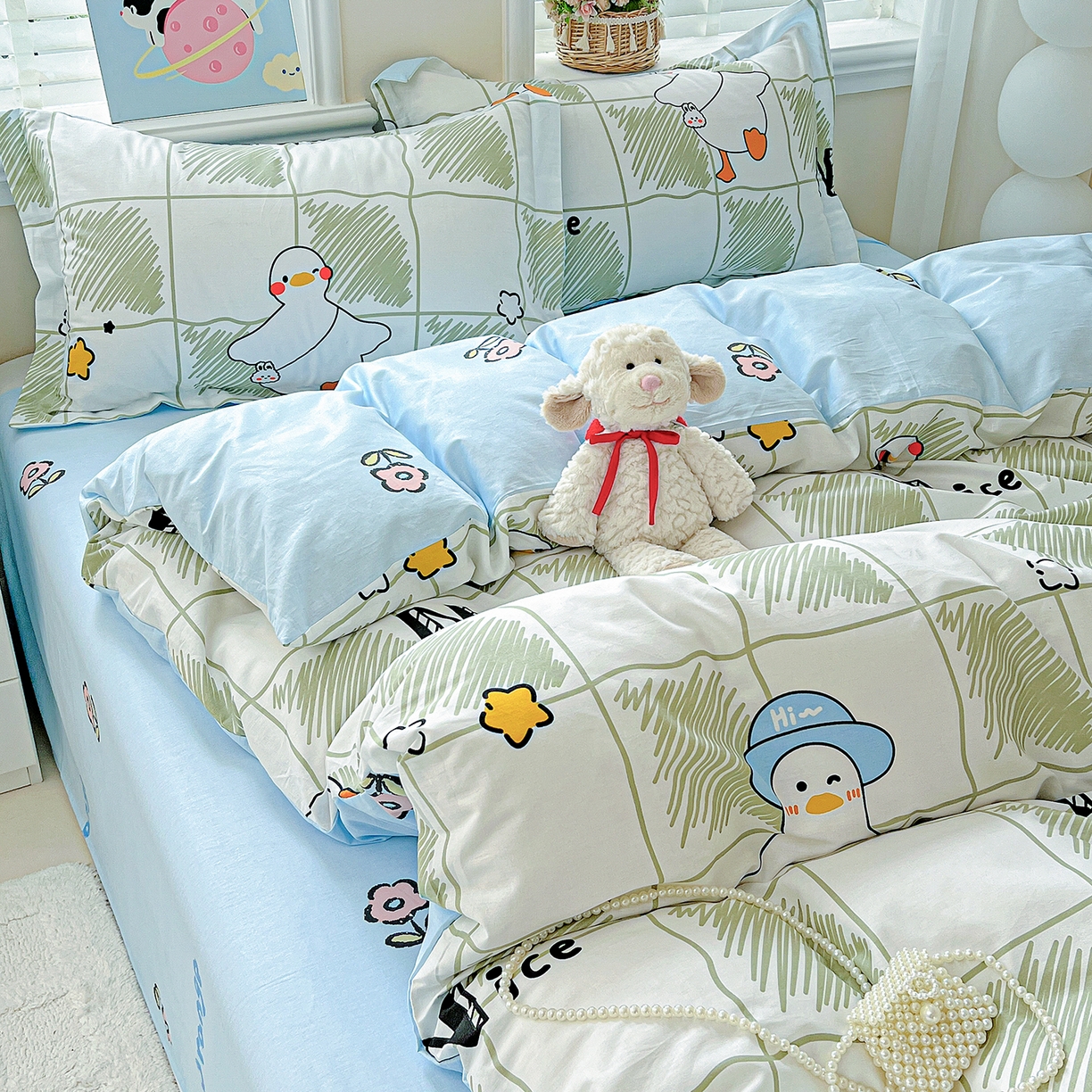 91家纺网 家纺一手货源 找家纺 恩泽2025全棉印花四件套 可爱鸭