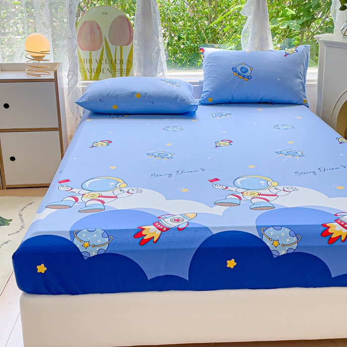 91家纺网 家纺一手货源 找家纺 金鑫汇家纺 2025新款13070全棉好卖花型套件系列-单床笠 翱翔太空