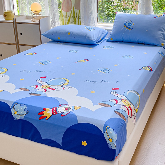 91家纺网 家纺一手货源 找家纺 金鑫汇家纺 2025新款13070全棉好卖花型套件系列-单床笠 翱翔太空