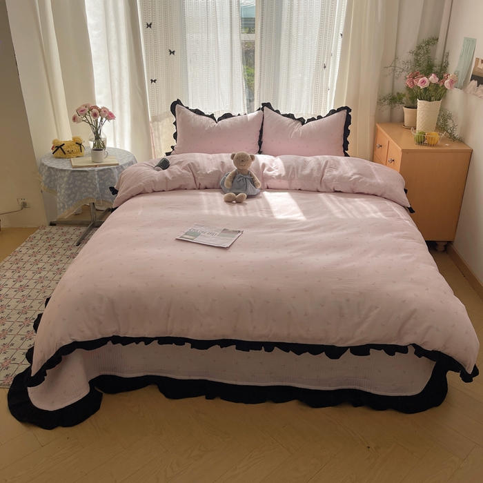 91家纺网 家纺一手货源 找家纺 繁花家居 2025新款韩式水洗棉床盖四件套直播爆款 韩式水洗棉床盖-粉粉结