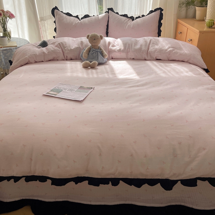 91家纺网 家纺一手货源 找家纺 繁花家居 2025新款韩式水洗棉床盖四件套直播爆款 韩式水洗棉床盖-粉粉结
