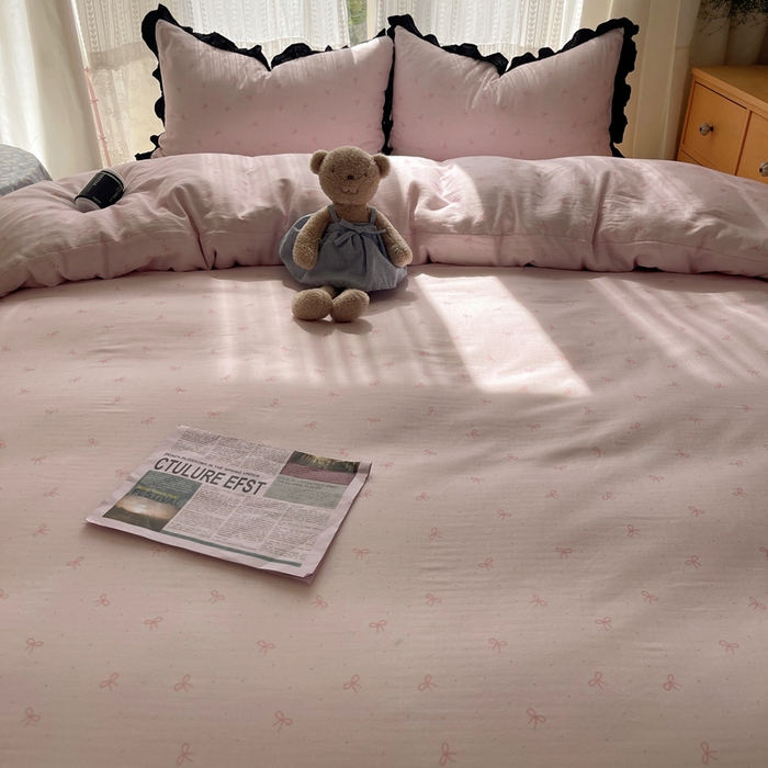 91家纺网 家纺一手货源 找家纺 繁花家居 2025新款韩式水洗棉床盖四件套直播爆款 韩式水洗棉床盖-粉粉结