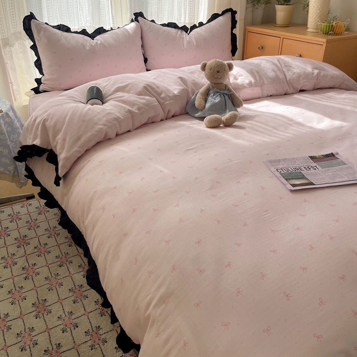 91家纺网 家纺一手货源 找家纺 繁花家居 2025新款韩式水洗棉床盖四件套直播爆款 韩式水洗棉床盖-粉粉结