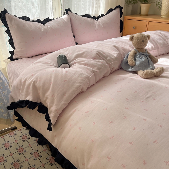 91家纺网 家纺一手货源 找家纺 繁花家居 2025新款韩式水洗棉床盖四件套直播爆款 韩式水洗棉床盖-粉粉结