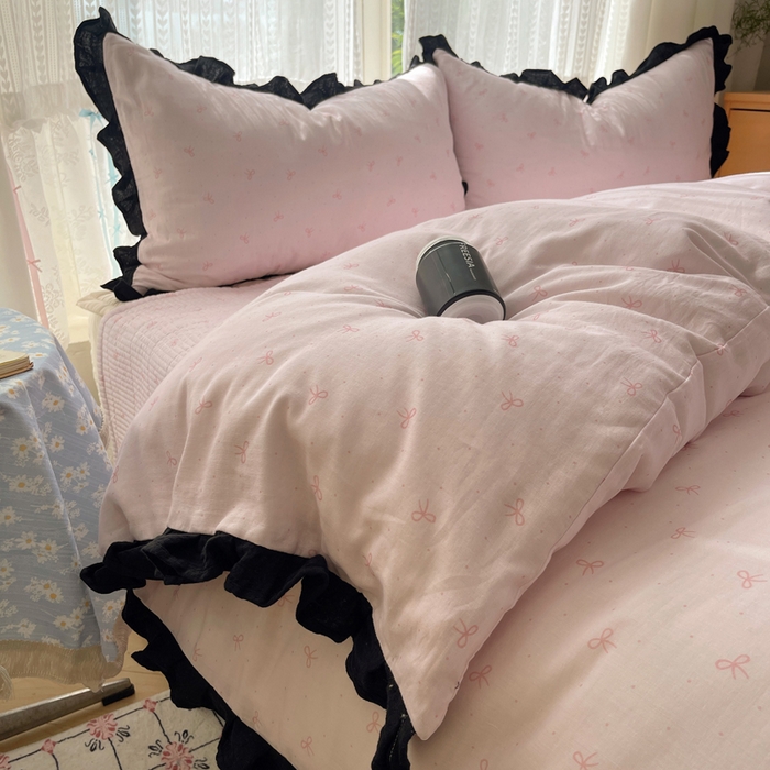 91家纺网 家纺一手货源 找家纺 繁花家居 2025新款韩式水洗棉床盖四件套直播爆款 韩式水洗棉床盖-粉粉结