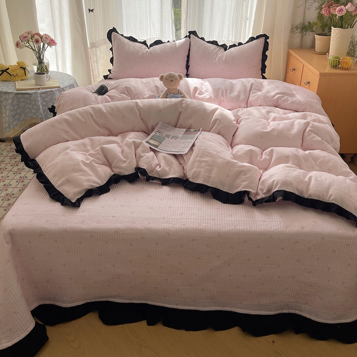 91家纺网 家纺一手货源 找家纺 繁花家居 2025新款韩式水洗棉床盖四件套直播爆款 韩式水洗棉床盖-粉粉结