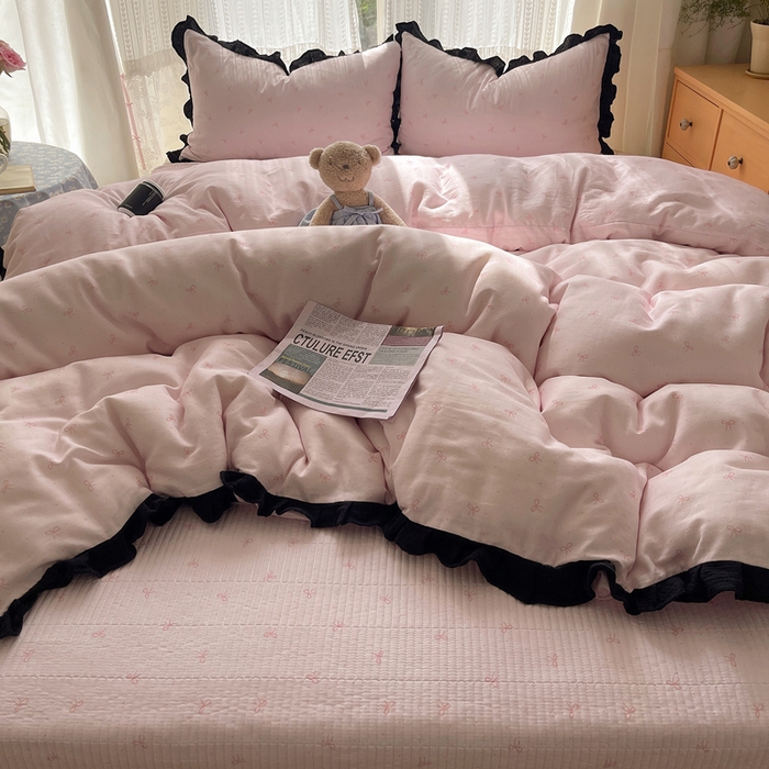 91家纺网 家纺一手货源 找家纺 繁花家居 2025新款韩式水洗棉床盖四件套直播爆款 韩式水洗棉床盖-粉粉结