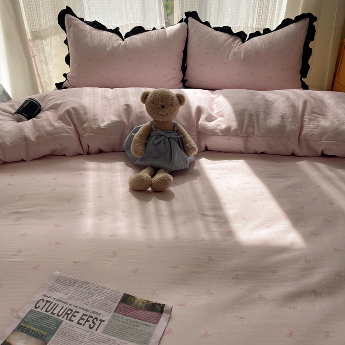 91家纺网 家纺一手货源 找家纺 繁花家居 2025新款韩式水洗棉床盖四件套直播爆款 韩式水洗棉床盖-粉粉结