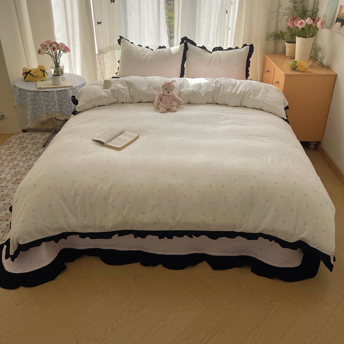 91家纺网 家纺一手货源 找家纺 繁花家居 2025新款韩式水洗棉床盖四件套直播爆款 韩式水洗棉床盖-白粉结