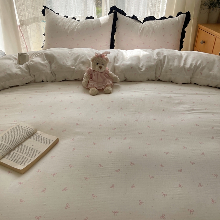 91家纺网 家纺一手货源 找家纺 繁花家居 2025新款韩式水洗棉床盖四件套直播爆款 韩式水洗棉床盖-白粉结