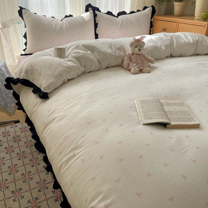 91家纺网 家纺一手货源 找家纺 繁花家居 2025新款韩式水洗棉床盖四件套直播爆款 韩式水洗棉床盖-白粉结