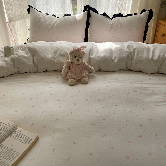 91家纺网 家纺一手货源 找家纺 繁花家居 2025新款韩式水洗棉床盖四件套直播爆款 韩式水洗棉床盖-白粉结