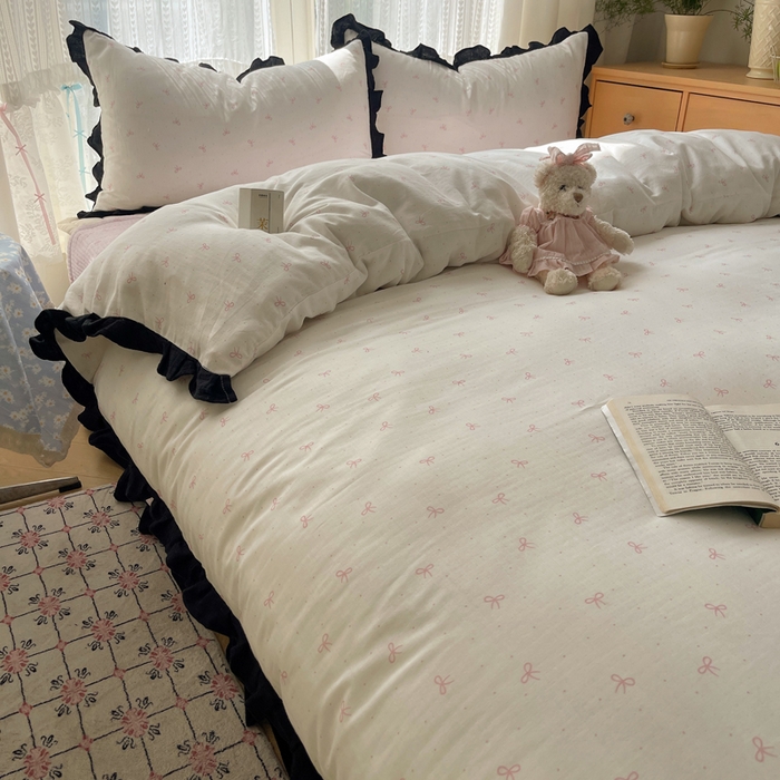 91家纺网 家纺一手货源 找家纺 繁花家居 2025新款韩式水洗棉床盖四件套直播爆款 韩式水洗棉床盖-白粉结