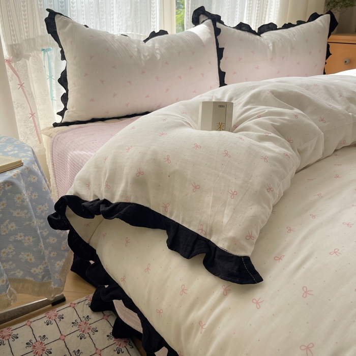 91家纺网 家纺一手货源 找家纺 繁花家居 2025新款韩式水洗棉床盖四件套直播爆款 韩式水洗棉床盖-白粉结