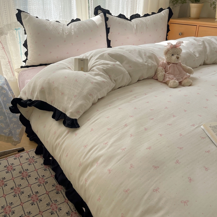 91家纺网 家纺一手货源 找家纺 繁花家居 2025新款韩式水洗棉床盖四件套直播爆款 韩式水洗棉床盖-白粉结