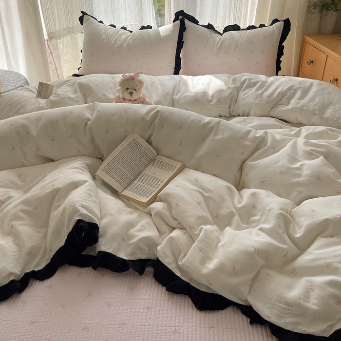 91家纺网 家纺一手货源 找家纺 繁花家居 2025新款韩式水洗棉床盖四件套直播爆款 韩式水洗棉床盖-白粉结