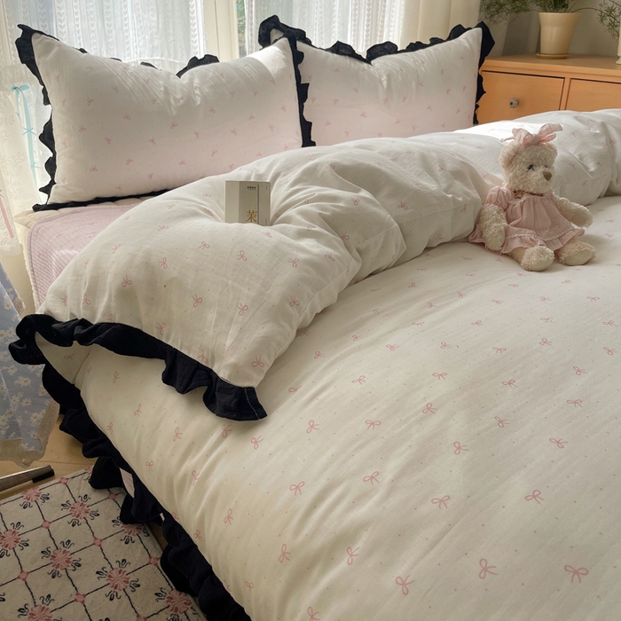 91家纺网 家纺一手货源 找家纺 繁花家居 2025新款韩式水洗棉床盖四件套直播爆款 韩式水洗棉床盖-白粉结