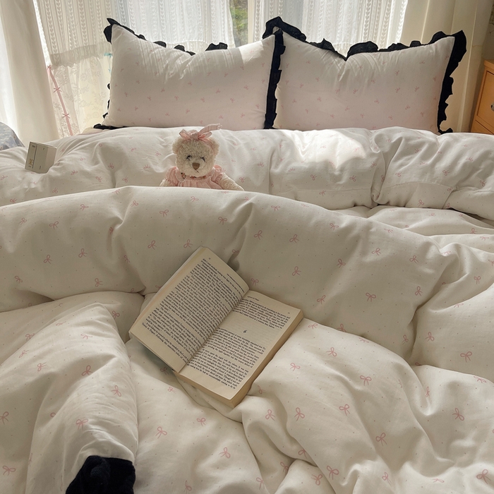 91家纺网 家纺一手货源 找家纺 繁花家居 2025新款韩式水洗棉床盖四件套直播爆款 韩式水洗棉床盖-白粉结