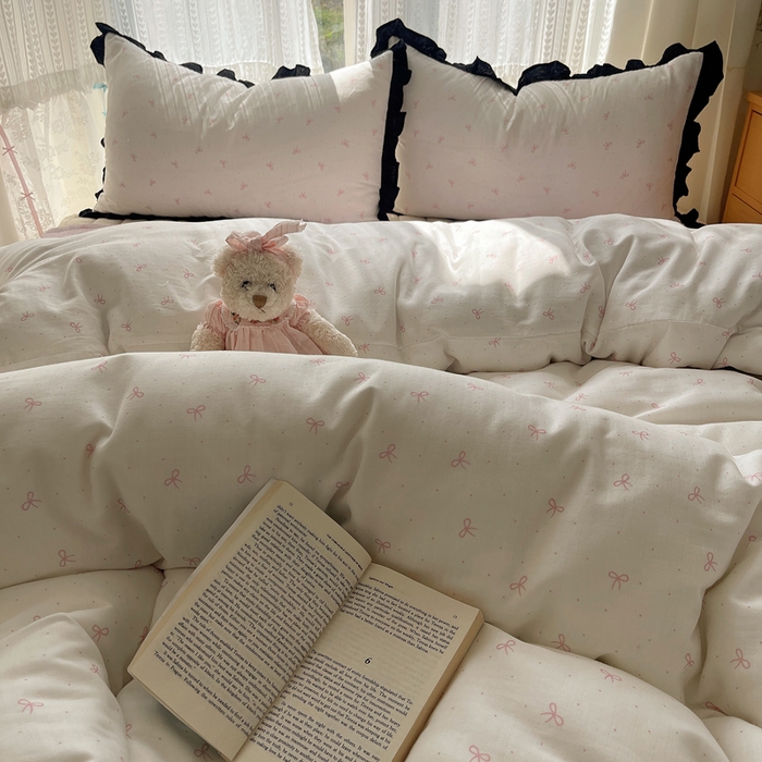 91家纺网 家纺一手货源 找家纺 繁花家居 2025新款韩式水洗棉床盖四件套直播爆款 韩式水洗棉床盖-白粉结