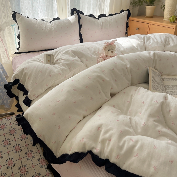 91家纺网 家纺一手货源 找家纺 繁花家居 2025新款韩式水洗棉床盖四件套直播爆款 韩式水洗棉床盖-白粉结