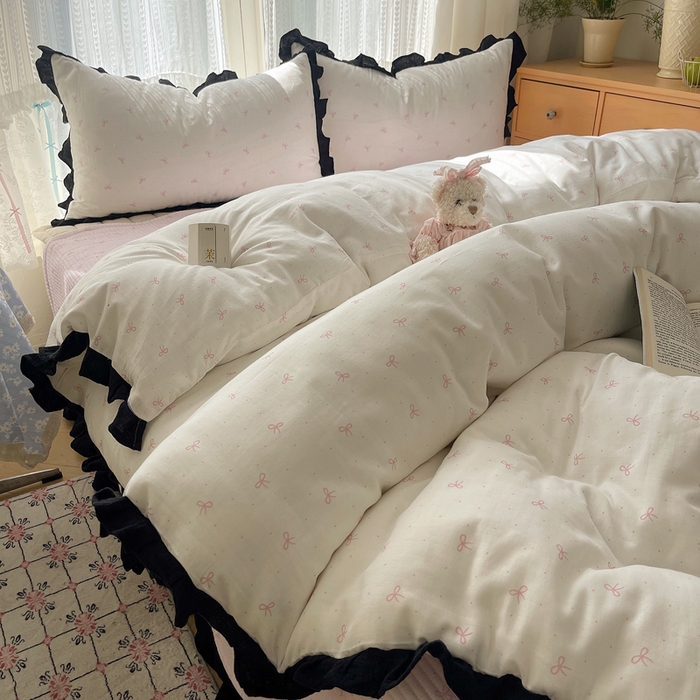 91家纺网 家纺一手货源 找家纺 繁花家居 2025新款韩式水洗棉床盖四件套直播爆款 韩式水洗棉床盖-白粉结