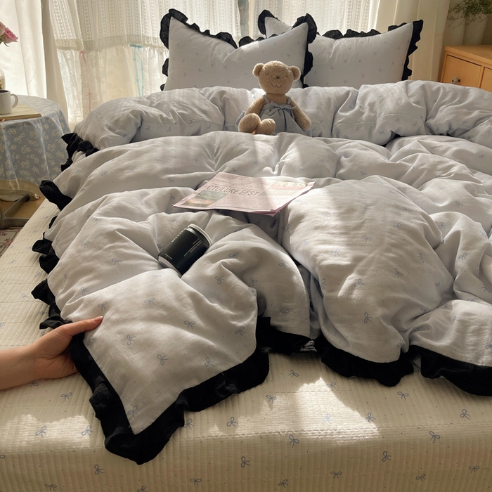 繁花家居 2025新款韩式水洗棉床盖四件套直播爆款 韩式水洗棉床盖-蓝白结