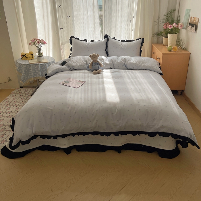 91家纺网 家纺一手货源 找家纺 繁花家居 2025新款韩式水洗棉床盖四件套直播爆款 韩式水洗棉床盖-蓝白结